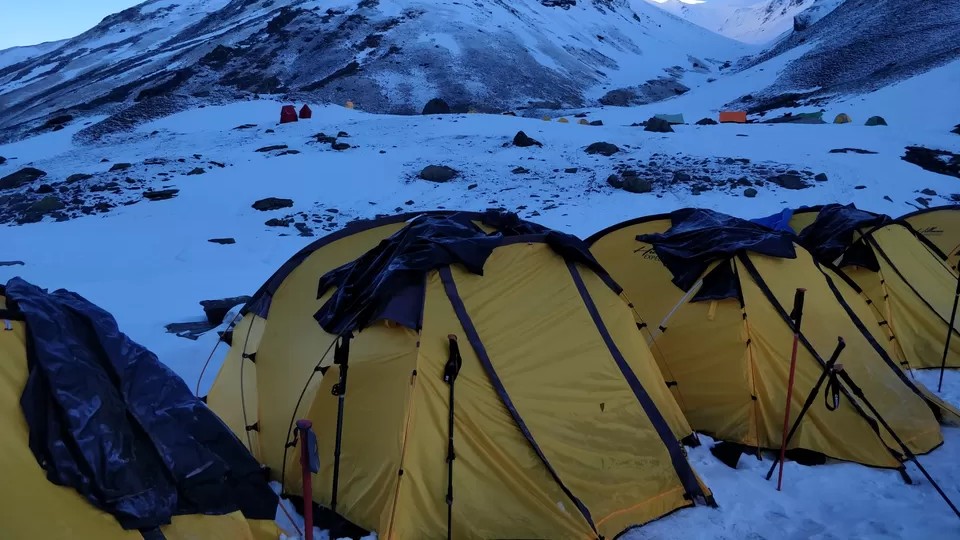 Self Packer tents in a snowy mountain camp
